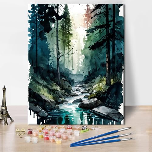 TISHIRON DIY Farbtafel Sets Wasserfarben Landschaft mit einem Fluss im Wald Ölmalerei für Kinder Farbtafel für Erwachsene Anfänger Leinwand Kunsthandwerk für Heimwanddekoration 16 x 20 Zoll
