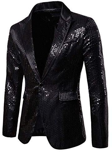 Pailletten Blazer Herren Glitzer Sakko Schwarze Glitzer Smoking Jackett Slim Fit Hochzeit Mantel Casual EIN Knöpfe Anzugjacke Herrenjacke Performance-Kostüm für Karneval Silvester Party Nachtclub