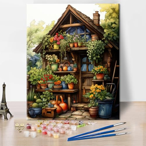 Paint by Numbers Kit for Adults Cartoon House with Flowers in Pots Watercolor Illustration Adult Paint by Number Kits on Canvas for Beginners,DIY Oil Number Painting Kits for Home Wall Decor 16x 20