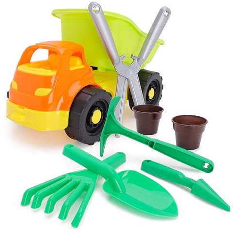 Toyland® 33cm (13) Dump Truck Vehicle & 7 Piece Gardening Set - Rake, Spade, Plant Pots, Shears, Pickaxe & Dibber - Beach Toy - Outdoor Garden Toys - Age 2 Years+
