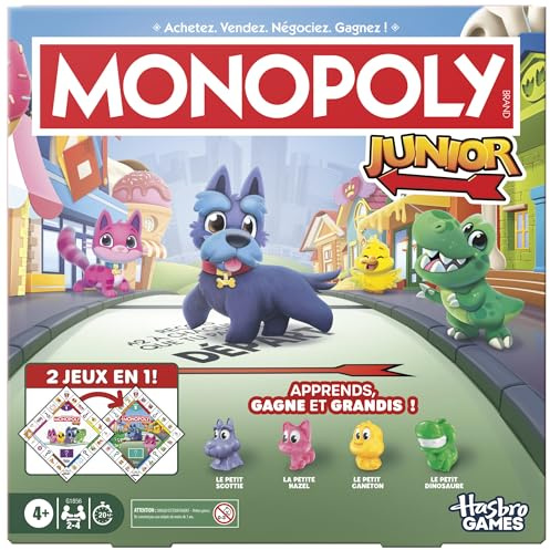 Monopoly Junior (Ausgabe 2026), Brettspiel | 2 Spiele in 1, Wendebrett | Ab 4 Jahren | 2 bis 4 Spieler | 20 Min. | Geschenke für Kleinkinder | Französische Version