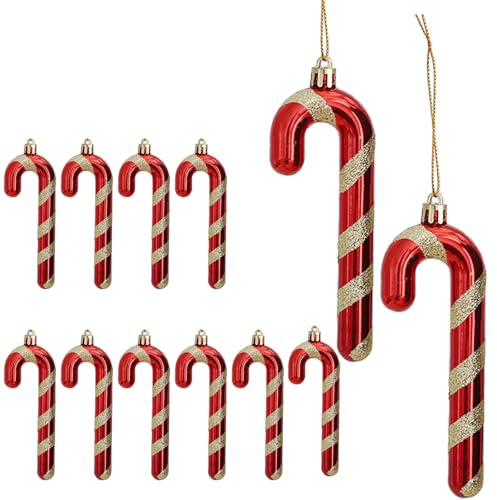 DAHI 12 Pezzi Decorazioni per Albero di Natale, Bastoncini di Zucchero Natalizi, da Appendere, Plastica Candy Cane Decorazioni Albero di Natale (Rosso-oro B)