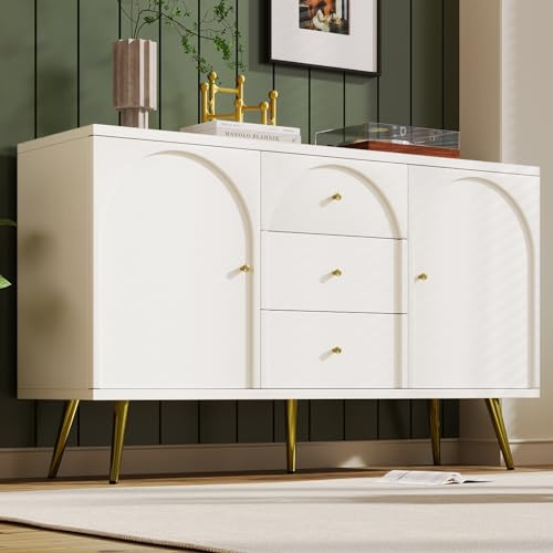 RIAZOS Kommode mit 2 Türen und 3 Schubladen, Creme-Weiß Türkommoden mit Schubkasten, Verstellbare Ablage, für Wohnzimmer Schlafzimmer, H84/B140/T40 cm