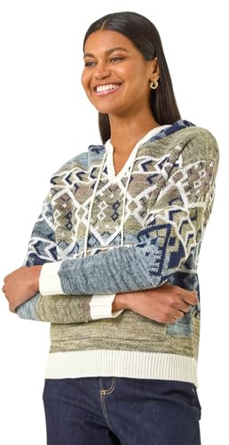 Roman Originals Women Jumper with Hood Ladies Winter Knitted Hoodie with Pockets Fairisle Nordic Aztec Print Hooded Sweater Knit Knitwear Autumn Flattering Casual Smart - Grey Jacquard - Size 10