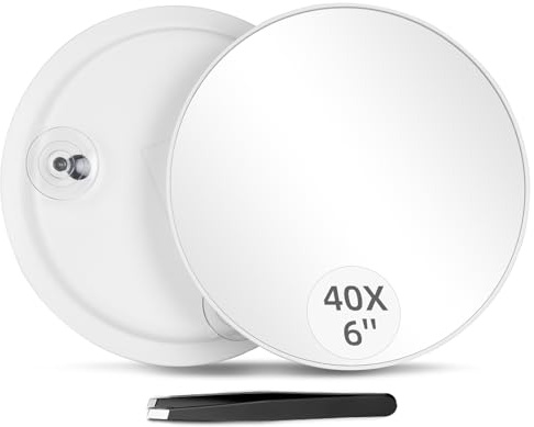 40X Magnifying Mirror with 3 Suction Cups, Magnified Makeup Mirror and Tweezers Set, Portable 6inch Travel Makeup Mirror with 40X Powerful+ Magnification for Makeup, Shaving, Blackhead Blemish Removal