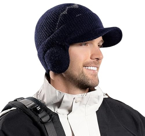 Wintermütze mit Ohrenschützern, Mütze Herren Winter, Beanie Mütze, Strickmütze Herren Pudelmütze Wollmütze Winter Cap Ski-Gehörschutz Dickes Warmes Futter Wind Kältefest Geschenke für Männer (Blau)