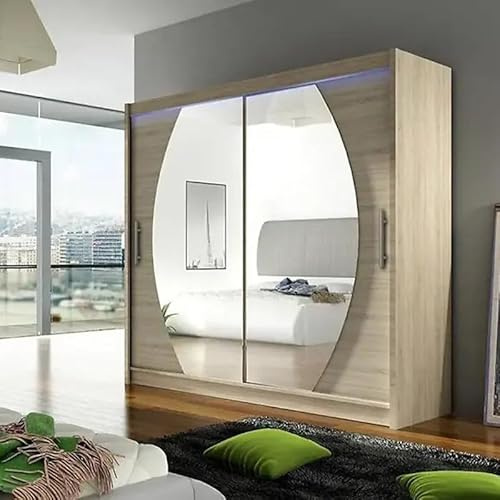 Agritrade AK BEGA IV 180 Wardrobe 180 cm Sliding Doors with Mirror Hanging Rail Shelves Modern Bedroom Storage Sonoma LED