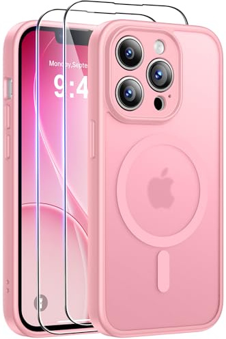 FLLAO Coque pour iPhone 13 Pro Max (6,7 Pouces) avec 2 Verres Trempés, Compatible avec Mag Safe, Coque Mat Translucide Fine Antichoc, PC Dur Housse Arrière Anti-Rayures + TPU Bumper Antichoc, Rose