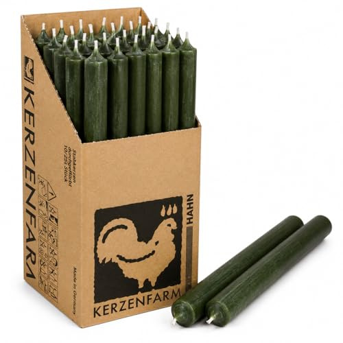 Extra lange Stabkerzen Olivgrün/Kiefergrün – 25 cm (250 mm) – Ø 2,2 cm – durchgefärbt & tropffrei – Made in Germany – Kerzenfarm Hahn – 12 Std. Brenndauer – wählbar 10 oder 25 Stück (25, Olivgrün)