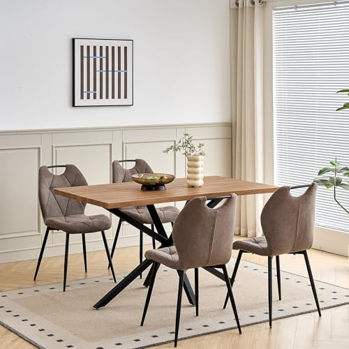 DEYARNA HOME Essgruppe Set Tisch und Stühle, Rechteckiger Esstisch (140 cm) mit 4 Esszimmerstühlen aus Leinenstoff und Griff für Küche, Esszimmer (Dunkles Holzdekor+4*stühle (Braun))