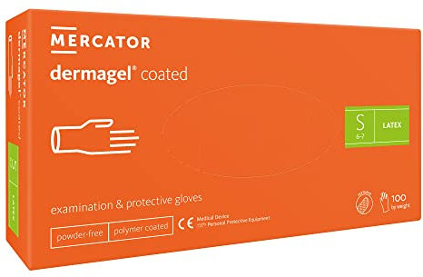 MERCATOR MEDICAL DERMAGEL COATED Latexhandschuhe, Größe S - 100 Stück, Einweghandschuhe, puderfrei, Schutzhandschuhe, transparent, puderfrei