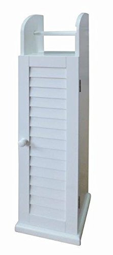 White wooden toilet roll holder and cabinet bathroom accessory furniture free standing Unit