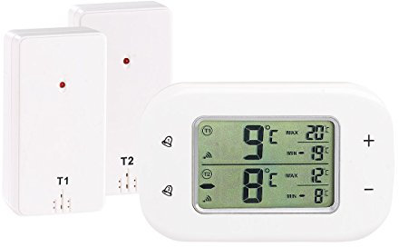 Rosenstein & Söhne Kühlschrank Alarm: Digitales Kühl- & Gefrierschrank-Thermometer, 2 Funk-Sensoren, weiß (Gefrierschrankthermometer, Funk Kühlschrankthermometer, Temperaturüberwachung)