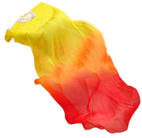 Bauchtanz-Fächer, aus echter Seide, lang, Bambus, Farbverlauf, Flammen-Fächer, Schleier (3 Farben)