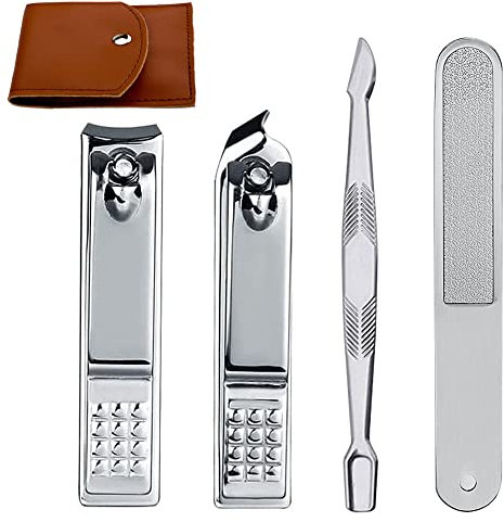 Econtal Nagelknipser 4er Set, klein, schräg, mit Nagelfeile und Nagelhautentferner, Nagelhautschieber, Nagelhaut Knipser Zange, Etui