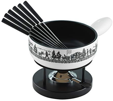 KUHN RIKON Käsefondue Set Alpenweide, 23 am, aus Ton, Induktionstauglich, inkl. Rechaud, Pastenbrenner und Gabeln, Weiss