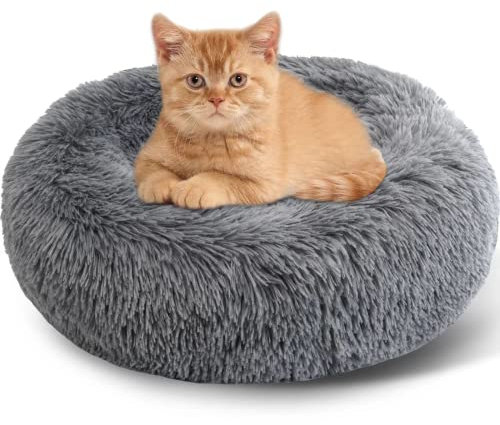 Enjamoy Plush Donut Dog Bed, Calming Round Dog Cat Bed Soft and Fluffy Cuddler Pet Cushion Self-Warming Puppy Beds Machine Washable, Dark Grey 50cm