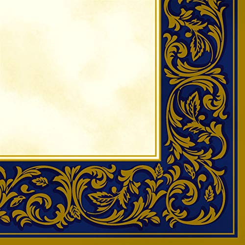 20 Servietten Goldene Bord?re auf blau creme | Fest | Feier | Geburtstag | Hochzeit | Tischdeko 33x33cm