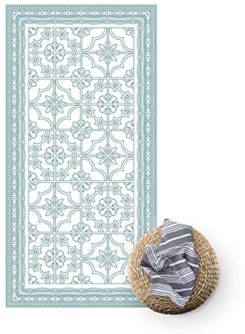 Vinyl-Teppich - Florales Fliesenmuster Mintgrün mit Bordüre, 80 × 40 cm, Vinyl