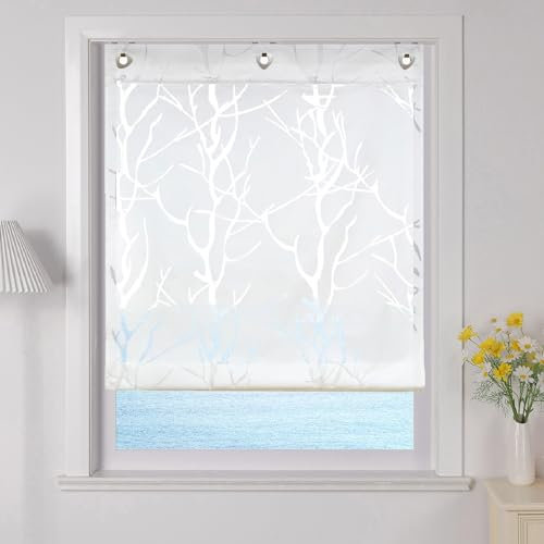ESLIR Raffrollo mit U-Haken Gardinen Küche Raffgardinen Halbtransparent Ösenrollo Vorhänge Modern Ausbrenner Weiß #2 BxH 60x140cm 1 Stück