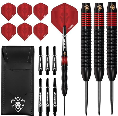 KOTO - Kingprove Black & Red Brass Darts Dartpfeile 24 G, Rot, Darts Set inkl. 3 Barrels,Flights + Shafts & Dartwallet, Fester Ringgrip