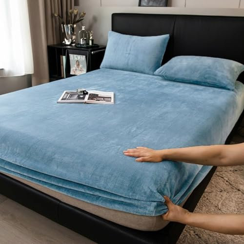Boqingzhu Flauschige Plüsch Spannbettlaken 90x200cm Pastell Blau Hellblau Fleece Flanell Cashmere Touch Spannbetttuch Winter Kuschelig Bettlaken für 25 bis 30cm Matraze