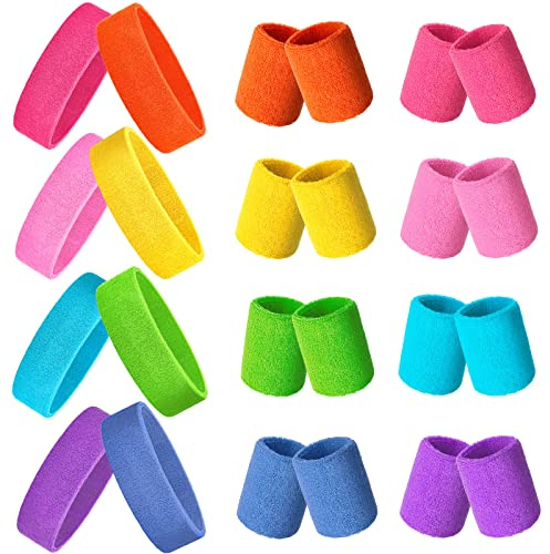 Skylety 24 Pcs 80s Neon Sweatbands Set Head Wrist Band,Bright Colors