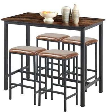 buybyroom Mesa de Bar con 4 taburetes de Cocina (120 x 60 x 90,5 cm) con 4 Tapizado sillas (39 x 29 x 64,5 cm) para Comedor o salón Vintage, Color Negro
