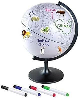 Interaktiver Globus, Kinder Lernglobus mit Stiften und Stickern. Malen und spielerisch lernen. Komplettset mit Tier-Stickern, Länderflaggen und 4 Stiften. Ø 28 cm