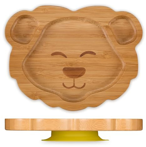 Relaxdays Plato para Bebés con Ventosa León, Vajilla Infantil 3 Compartimentos, Platito Niños, Libre de BPA, Natural, Bambú, 3 x 23,5 x 18 cm