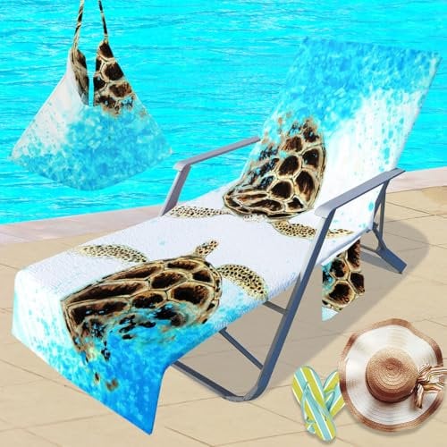 Treer Beach Chair Cover Towel, Sea Turtles Beach Towel, Portable Beach Sunbed Towels, Sun Lounger Towels with Pockets, Microfiber Towel for Beach Garden Vacation Outdoor (75x210cm,blue)