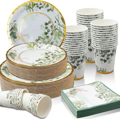 200 Pièces Assiettes en Papier Vert Sauge - Gobelets et Serviettes Neutres pour Baby Shower, pour 50 Invités - Assiettes Jetables pour Décoration d’Anniversaire Mariage Fournitures de Fête