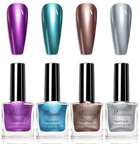 4Pcs Metall Spiegel Nagellack Set - Spiegelnagellack Effekt Schnelltrocknend Chrom-Nagellack Fingernagellack, Einfach zu Verwenden & Entfernen Kratzfest - Glitzer Rosa Bronze Lila Blau Silber (Bunt01)