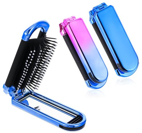 Lot de 2 brosses à cheveux de voyage avec miroir, pliables et humides, taille de voyage, compactes pour femmes et hommes, outils de coiffure (rose et bleu)