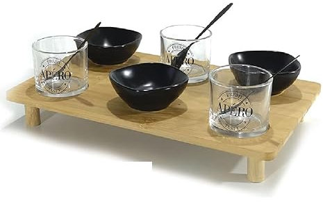 COSE DA CASA Vassoio per Antipasti in Legno con 3 Ciotole in Ceramica e 3 Bicchieri - Perfetto per Aperitivi e Cocktail!