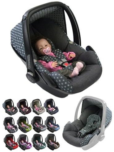 BambiniWelt Ersatzbezug Babyschale – 5-teiliges Set kompatibel mit Maxi-Cosi Pebble Babyschale, inkl. Sitzbezug, Gurtpolster, Sonnenverdeck & Kopfstütze, Farbe: Sterne dunkelgrau