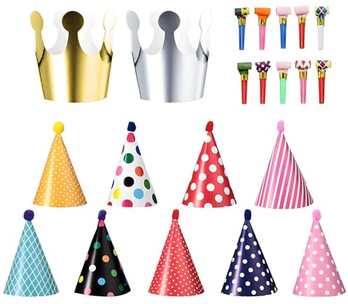 Kisstta Lot de 21 chapeaux de fête d'anniversaire avec pompons, chapeaux cônes de fête, 9 chapeaux de fête avec pompons, 2 couronnes d'anniversaire et 10 sifflets de sifflet, pour fêtes de famille