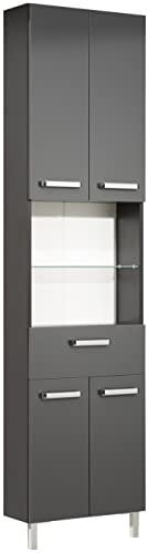 Pelipal Badezimmerschrank Quickset 311 in Anthrazit Glanz, 50 cm breit | Hochschrank mit 4 Türen, 1 Schublade und 4 Glas-Einlegeböden
