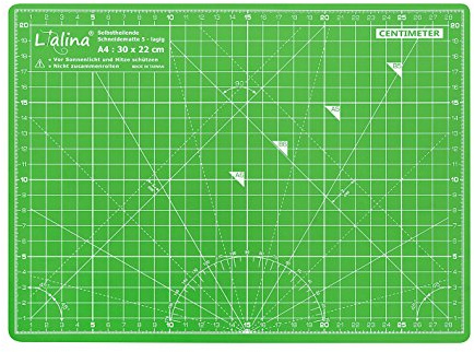 Lialina® / A4 Schneidematte 30 x 22 cm/klingenschonende 5-lagige Schneide-Matte/selbstheilende Oberfläche/beidseitiger Maßraster-Druck apfelgrün/flieder