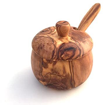 Lata con cuchara, azucarero, especiero, salero o lata de madera de olivo, hecha a mano