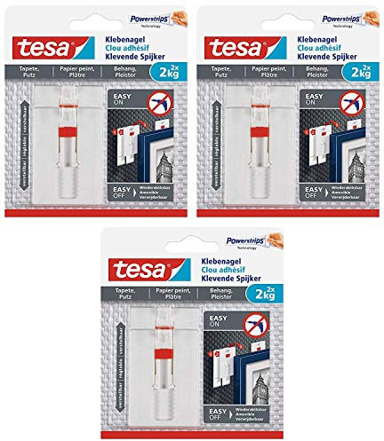 tesa Klebenagel verstellbar (für Tapeten und Gips 2 kg, höhenverstellbarer selbstklebender Wandnagel, bis zu 2 kg Haltekapazität pro Nagel) 2 Stück (3 Packungen / 2 kg)