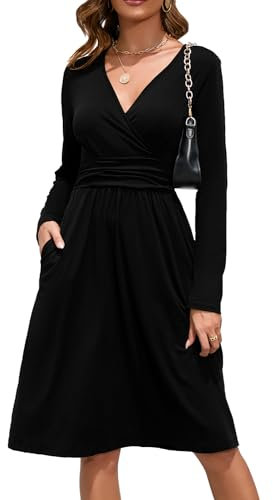 OUGES Women's Midi Dress V-Neck Wrap Casual Ladies Long Sleeve Dress with Pockets(Black,L)