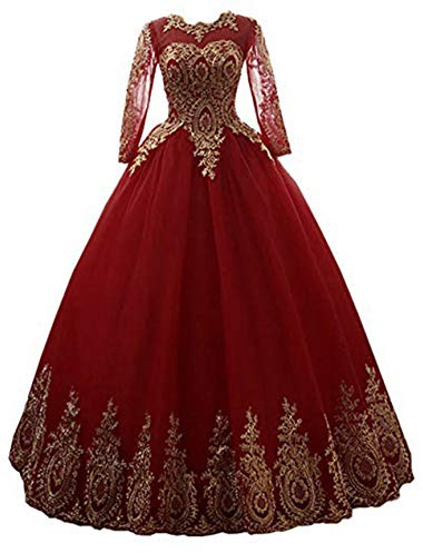 BessDress Gold Lace Appplique Quinceanera Dresses Long Sleeves Prom Ball Gown BD389, Burgundy, 22 Plus