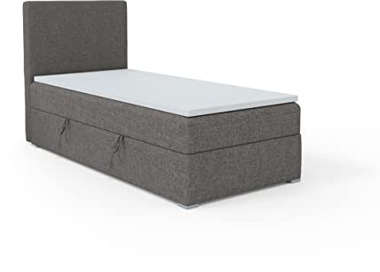 FEDVE Boxspringbett 90x200 cm Dunkelgrau - Kolorado – Dauerhaft Bett mit Bettkasten Rechts – Praktisches Einzelbett für Viele Jahr – Kopfteil Bett mit Stauraum zum Schlafzimmer