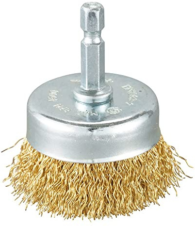 Makita D-73617 Topfbürste Ø 50 mm, gewellt, fein, vermessingt, 1/4-Sechskantaufnahme, feine Drahtbürste zum Bearbeiten von Holz und Metall