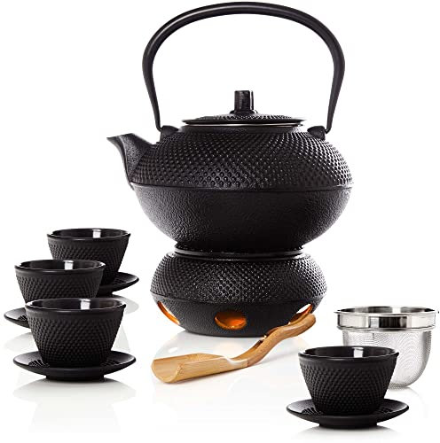 Bonvivre Teeservice 12-teilig aus emailliertem Gusseisen - für 4 Personen - Teeset im asiatischen Stil mit Teekanne (1,4 L), Teewärmer, Tassen, Untersetzer, Dosierlöffel, Siebeinsatz