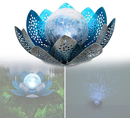 bmf-versand Solarlampe für Außen Blume mit Pflegetuch – Solarleuchte Garten 25 cm Durchmesser – Außenleuchte Gartenlampe LED – Leuchte Solar Aussenlampe IP 44 Metall Crackle Glas Silber Lotusblüte