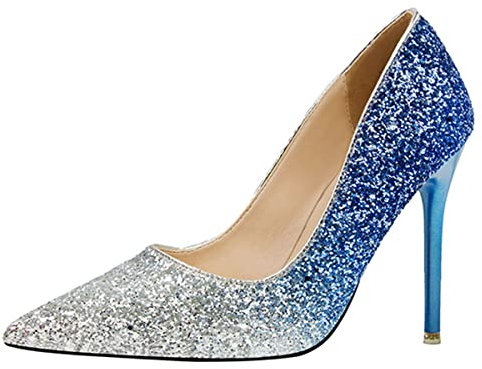 JOEupin Damen Glitzer Pailletten Pumps Stiletto Absätze Spitze Zehen Slip on High Heel Pumps Schuhe für Damen Hochzeit Party, Blau, Silber, 38 EU