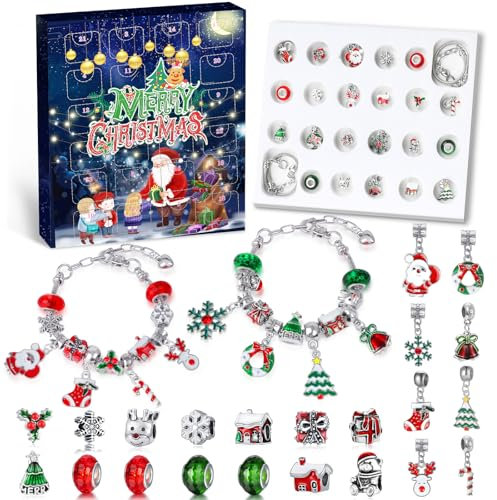 WEVOL Adventskalender 2025 Mädchen Kinder, Adventskalender Schmuck Mädchen, DIY Charm Armband Basteln Mädchen Geschenk, 24 Füllung Weihnachtskalender Kinder Geschenk Mädchen 5 6 7 8 9 10 11 12 Jahre