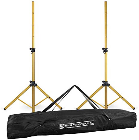 Pronomic SPS-1S GD Boxenstativ Stahl Gold Set - 2 Goldfarbene Lautsprecherstative mit Stabiler extra breiter Dreibein-Konstruktion - Höhe 120-193 cm - Für Bühne, Bands und DJs - Inkl. Tasche - Gold